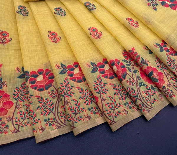 Cotton_Silk_Linen_Saree_beautifully_cotton_saree_featuring_delicate_floral_prints_and_designed_border_daily_wear,_office_Party_Wear_With_tassels_latkan_And_blouse_piece