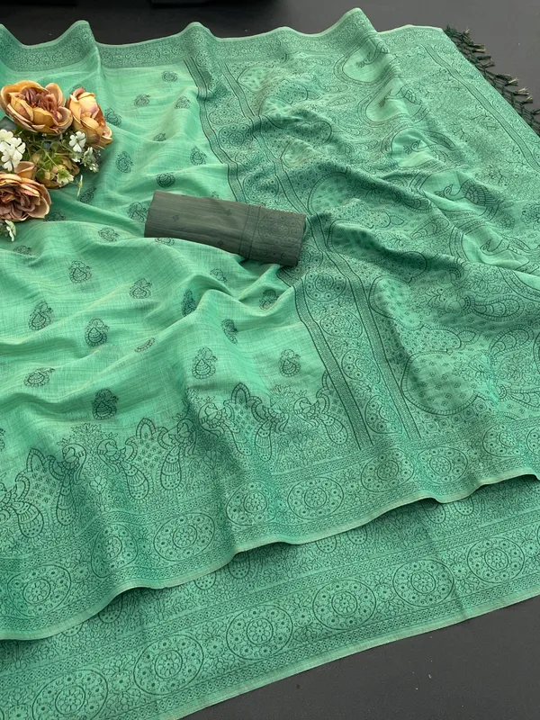 Cotton_Silk_Linen_Saree_beautifully_cotton_saree_featuring_delicate_floral_prints_and_designed_border_daily_wear,_office_Party_Wear_With_tassels_latkan_And_blouse_piece
