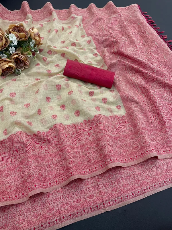 Cotton_Silk_Linen_Saree_beautifully_cotton_saree_featuring_delicate_floral_prints_and_designed_border_daily_wear,_office_Party_Wear_With_tassels_latkan_And_blouse_piece