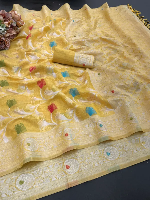 Cotton_Silk_Linen_Saree_beautifully_cotton_saree_featuring_delicate_floral_prints_and_designed_border_daily_wear,_office_Party_Wear_With_tassels_latkan_And_blouse_piece
