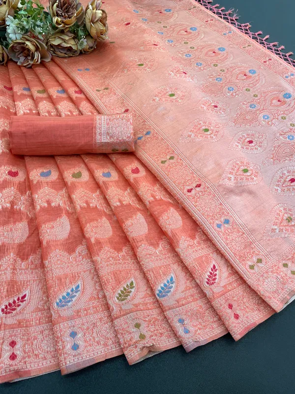 Cotton_Silk_Linen_Saree_beautifully_cotton_saree_featuring_delicate_floral_prints_and_designed_border_daily_wear,_office_Party_Wear_With_tassels_latkan_And_blouse_piece