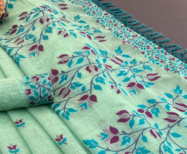 Cotton_Silk_Linen_Saree_beautifully_cotton_saree_featuring_delicate_floral_prints_and_designed_border_daily_wear,_office_Party_Wear_With_tassels_latkan_And_blouse_piece