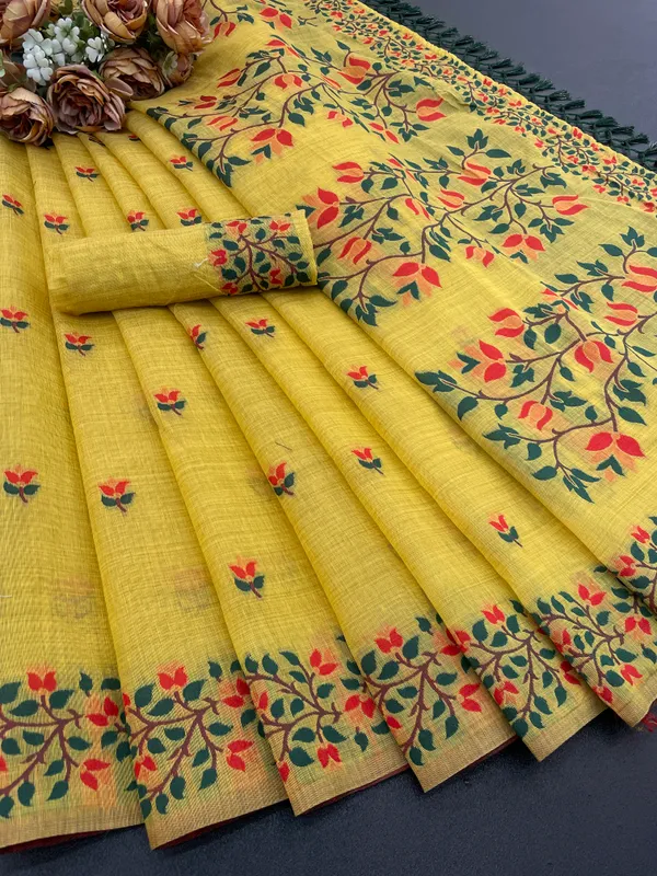 Cotton_Silk_Linen_Saree_beautifully_cotton_saree_featuring_delicate_floral_prints_and_designed_border_daily_wear,_office_Party_Wear_With_tassels_latkan_And_blouse_piece