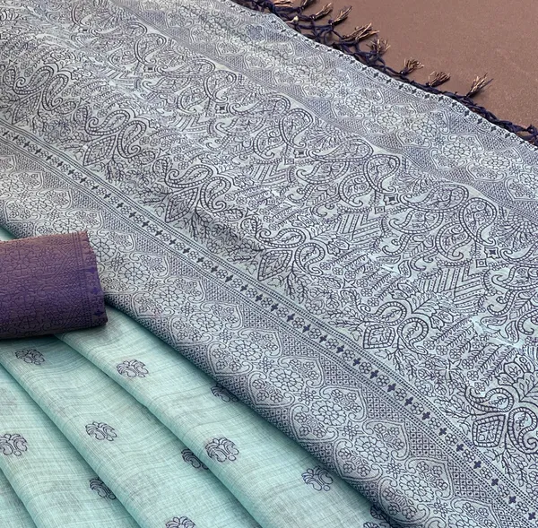 Cotton_Silk_Linen_Saree_beautifully_cotton_saree_featuring_delicate_floral_prints_and_designed_border_daily_wear,_office_Party_Wear_With_tassels_latkan_And_blouse_piece