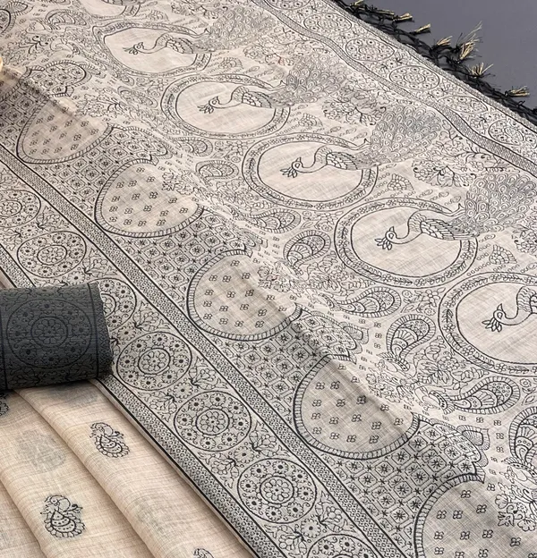 Cotton_Silk_Linen_Saree_beautifully_cotton_saree_featuring_delicate_floral_prints_and_designed_border_daily_wear,_office_Party_Wear_With_tassels_latkan_And_blouse_piece