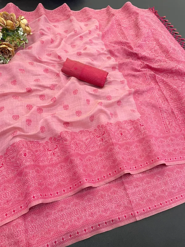 Cotton_Silk_Linen_Saree_beautifully_cotton_saree_featuring_delicate_floral_prints_and_designed_border_daily_wear,_office_Party_Wear_With_tassels_latkan_And_blouse_piece