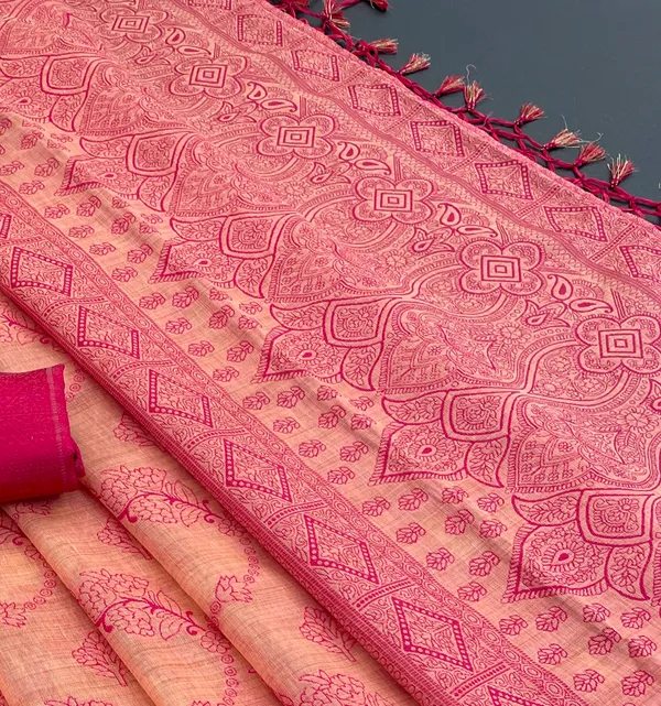 Cotton_Silk_Linen_Saree_beautifully_cotton_saree_featuring_delicate_floral_prints_and_designed_border_daily_wear,_office_Party_Wear_With_tassels_latkan_And_blouse_piece