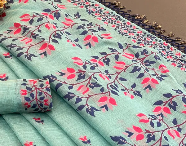 Cotton_Silk_Linen_Saree_beautifully_cotton_saree_featuring_delicate_floral_prints_and_designed_border_daily_wear,_office_Party_Wear_With_tassels_latkan_And_blouse_piece