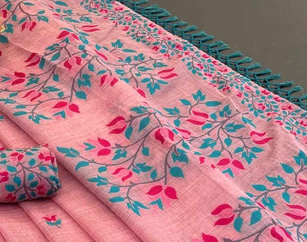 Cotton_Silk_Linen_Saree_beautifully_cotton_saree_featuring_delicate_floral_prints_and_designed_border_daily_wear,_office_Party_Wear_With_tassels_latkan_And_blouse_piece