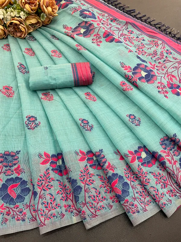 Cotton_Silk_Linen_Saree_beautifully_cotton_saree_featuring_delicate_floral_prints_and_designed_border_daily_wear,_office_Party_Wear_With_tassels_latkan_And_blouse_piece