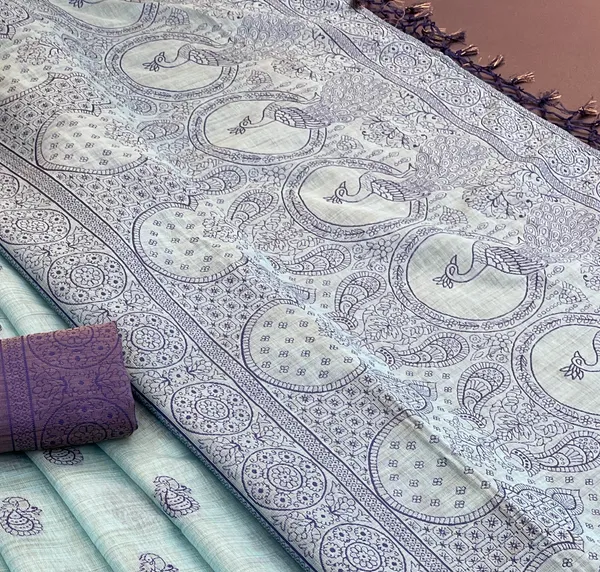 Cotton_Silk_Linen_Saree_beautifully_cotton_saree_featuring_delicate_floral_prints_and_designed_border_daily_wear,_office_Party_Wear_With_tassels_latkan_And_blouse_piece