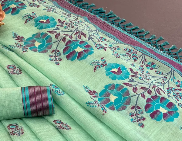 Cotton_Silk_Linen_Saree_beautifully_cotton_saree_featuring_delicate_floral_prints_and_designed_border_daily_wear,_office_Party_Wear_With_tassels_latkan_And_blouse_piece