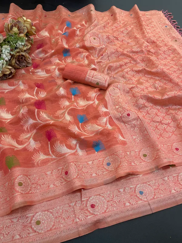 Cotton_Silk_Linen_Saree_beautifully_cotton_saree_featuring_delicate_floral_prints_and_designed_border_daily_wear,_office_Party_Wear_With_tassels_latkan_And_blouse_piece