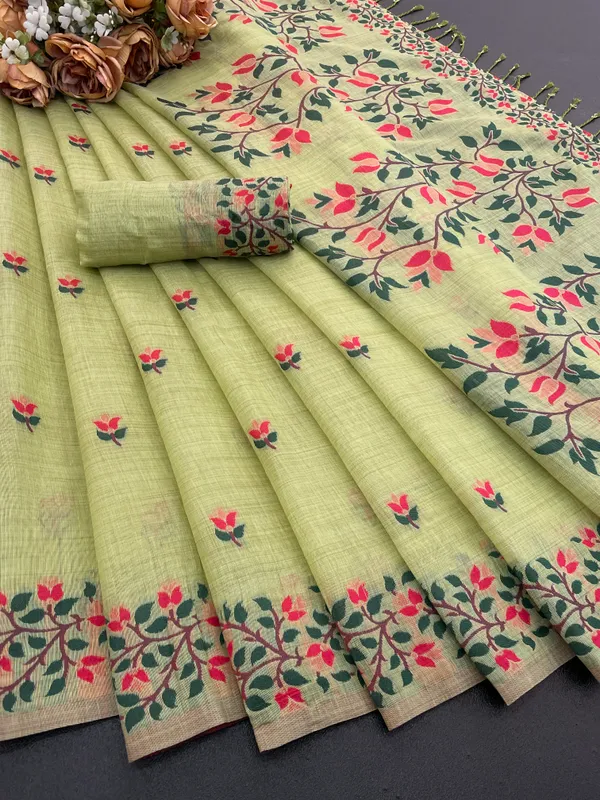 Cotton_Silk_Linen_Saree_beautifully_cotton_saree_featuring_delicate_floral_prints_and_designed_border_daily_wear,_office_Party_Wear_With_tassels_latkan_And_blouse_piece