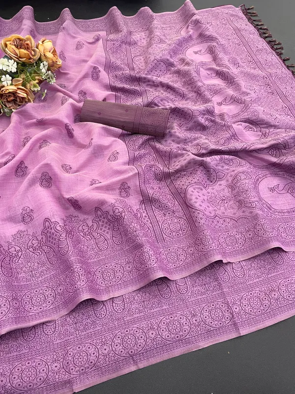 Cotton_Silk_Linen_Saree_beautifully_cotton_saree_featuring_delicate_floral_prints_and_designed_border_daily_wear,_office_Party_Wear_With_tassels_latkan_And_blouse_piece