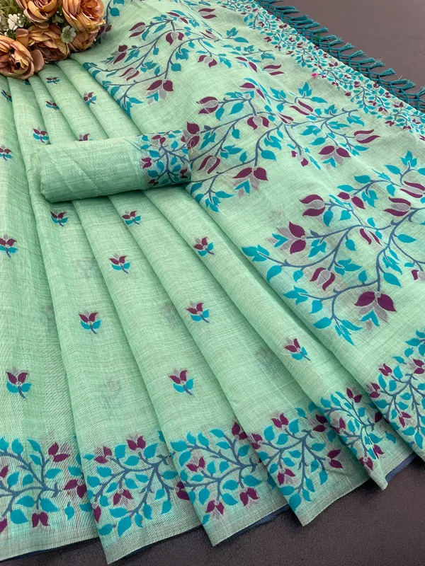 Cotton_Silk_Linen_Saree_beautifully_cotton_saree_featuring_delicate_floral_prints_and_designed_border_daily_wear,_office_Party_Wear_With_tassels_latkan_And_blouse_piece