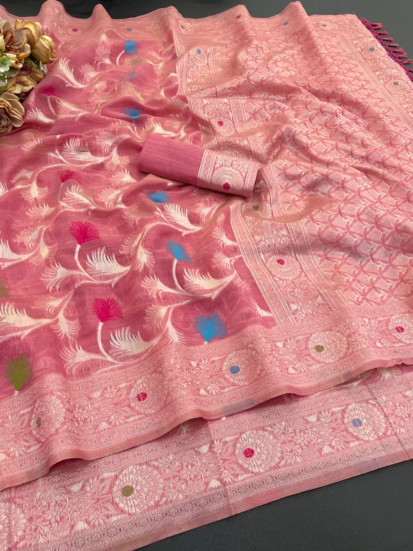 Cotton_Silk_Linen_Saree_beautifully_cotton_saree_featuring_delicate_floral_prints_and_designed_border_daily_wear,_office_Party_Wear_With_tassels_latkan_And_blouse_piece