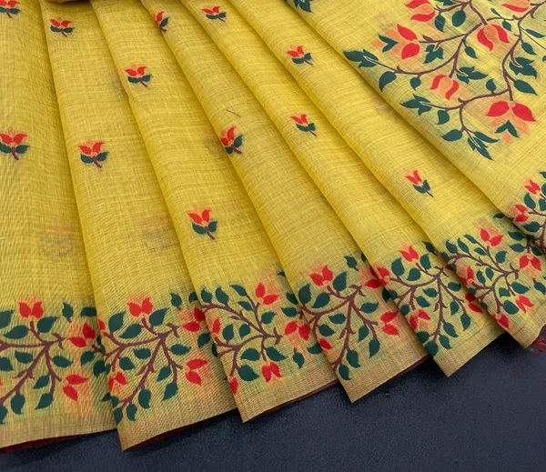 Cotton_Silk_Linen_Saree_beautifully_cotton_saree_featuring_delicate_floral_prints_and_designed_border_daily_wear,_office_Party_Wear_With_tassels_latkan_And_blouse_piece