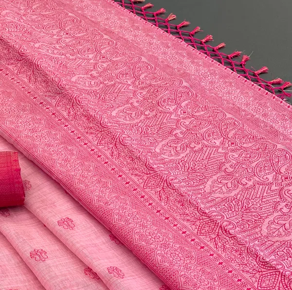 Cotton_Silk_Linen_Saree_beautifully_cotton_saree_featuring_delicate_floral_prints_and_designed_border_daily_wear,_office_Party_Wear_With_tassels_latkan_And_blouse_piece