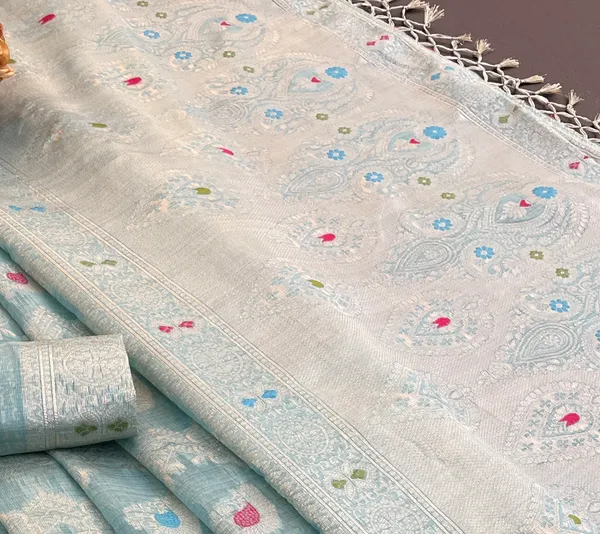 Cotton_Silk_Linen_Saree_beautifully_cotton_saree_featuring_delicate_floral_prints_and_designed_border_daily_wear,_office_Party_Wear_With_tassels_latkan_And_blouse_piece