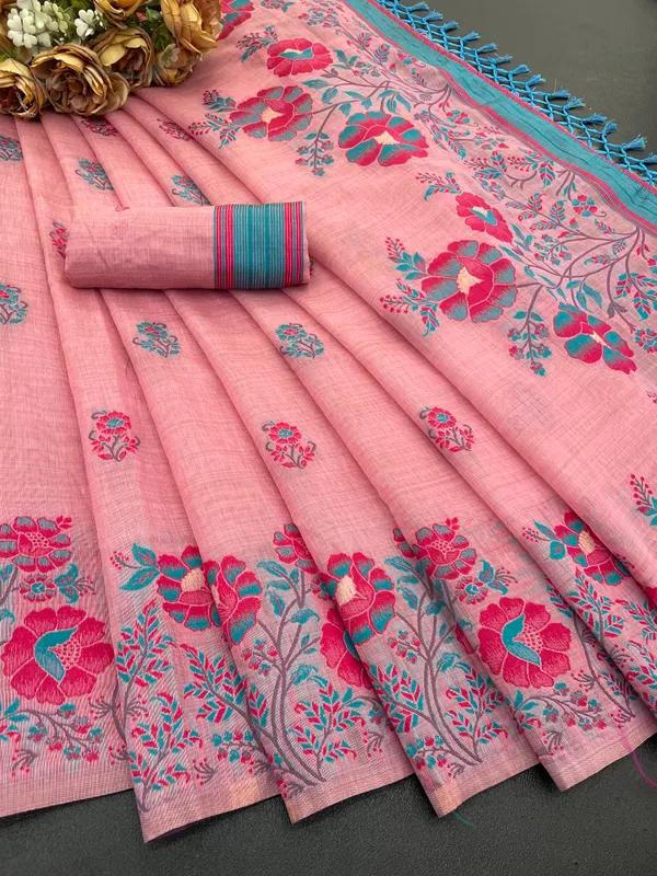 Cotton_Silk_Linen_Saree_beautifully_cotton_saree_featuring_delicate_floral_prints_and_designed_border_daily_wear,_office_Party_Wear_With_tassels_latkan_And_blouse_piece