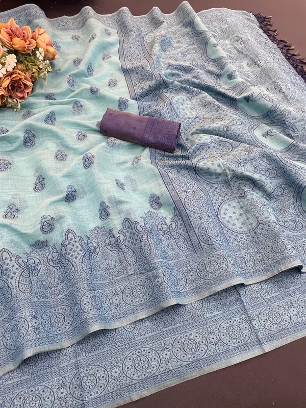 Cotton_Silk_Linen_Saree_beautifully_cotton_saree_featuring_delicate_floral_prints_and_designed_border_daily_wear,_office_Party_Wear_With_tassels_latkan_And_blouse_piece