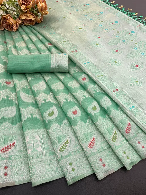 Cotton_Silk_Linen_Saree_beautifully_cotton_saree_featuring_delicate_floral_prints_and_designed_border_daily_wear,_office_Party_Wear_With_tassels_latkan_And_blouse_piece