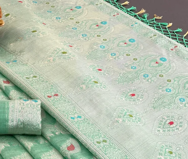 Cotton_Silk_Linen_Saree_beautifully_cotton_saree_featuring_delicate_floral_prints_and_designed_border_daily_wear,_office_Party_Wear_With_tassels_latkan_And_blouse_piece