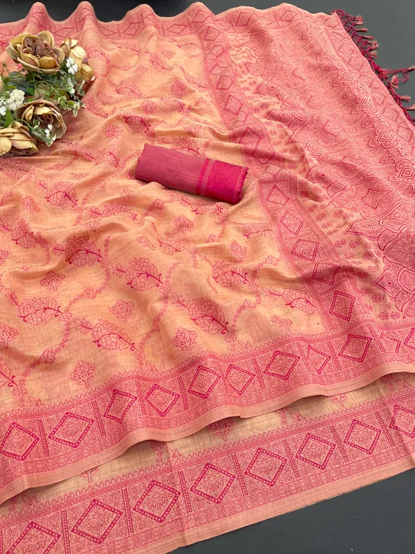 Cotton_Silk_Linen_Saree_beautifully_cotton_saree_featuring_delicate_floral_prints_and_designed_border_daily_wear,_office_Party_Wear_With_tassels_latkan_And_blouse_piece
