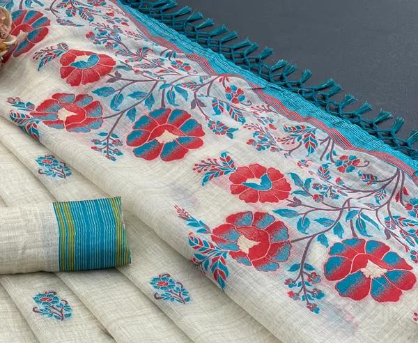Cotton_Silk_Linen_Saree_beautifully_cotton_saree_featuring_delicate_floral_prints_and_designed_border_daily_wear,_office_Party_Wear_With_tassels_latkan_And_blouse_piece