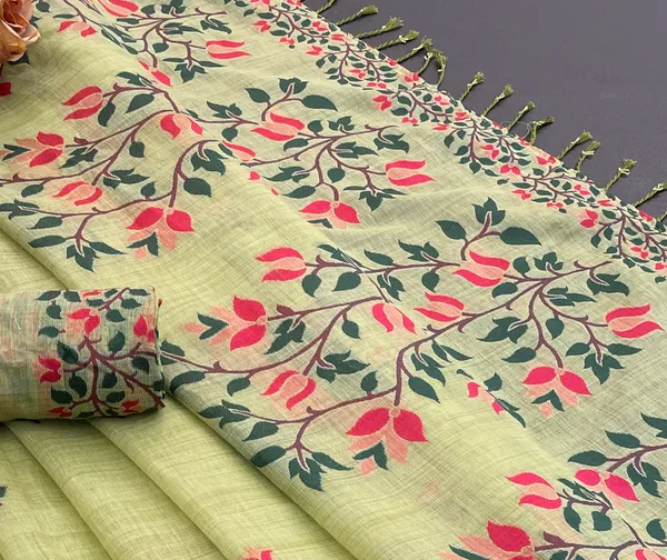 Cotton_Silk_Linen_Saree_beautifully_cotton_saree_featuring_delicate_floral_prints_and_designed_border_daily_wear,_office_Party_Wear_With_tassels_latkan_And_blouse_piece