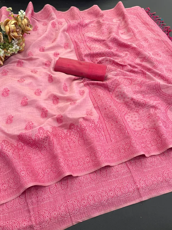 Cotton_Silk_Linen_Saree_beautifully_cotton_saree_featuring_delicate_floral_prints_and_designed_border_daily_wear,_office_Party_Wear_With_tassels_latkan_And_blouse_piece
