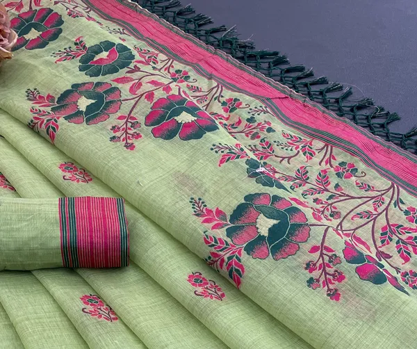 Cotton_Silk_Linen_Saree_beautifully_cotton_saree_featuring_delicate_floral_prints_and_designed_border_daily_wear,_office_Party_Wear_With_tassels_latkan_And_blouse_piece