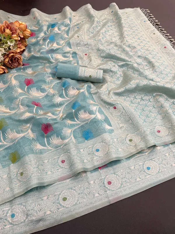 Cotton_Silk_Linen_Saree_beautifully_cotton_saree_featuring_delicate_floral_prints_and_designed_border_daily_wear,_office_Party_Wear_With_tassels_latkan_And_blouse_piece