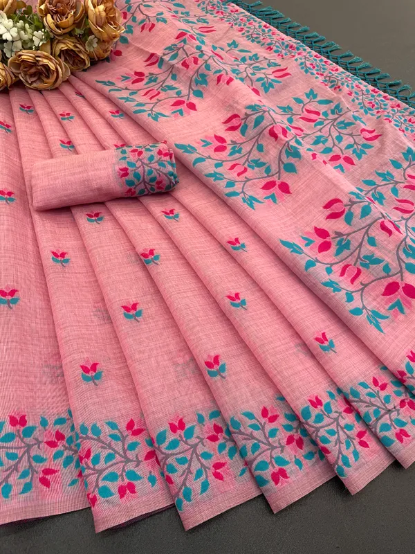 Cotton_Silk_Linen_Saree_beautifully_cotton_saree_featuring_delicate_floral_prints_and_designed_border_daily_wear,_office_Party_Wear_With_tassels_latkan_And_blouse_piece