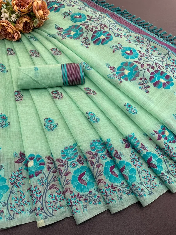 Cotton_Silk_Linen_Saree_beautifully_cotton_saree_featuring_delicate_floral_prints_and_designed_border_daily_wear,_office_Party_Wear_With_tassels_latkan_And_blouse_piece