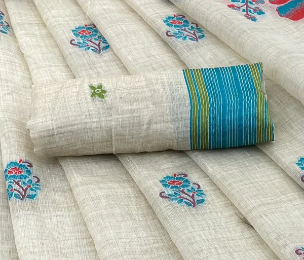 Cotton_Silk_Linen_Saree_beautifully_cotton_saree_featuring_delicate_floral_prints_and_designed_border_daily_wear,_office_Party_Wear_With_tassels_latkan_And_blouse_piece
