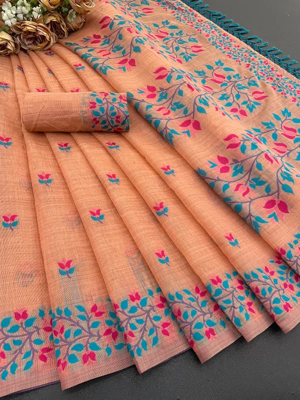 Cotton_Silk_Linen_Saree_beautifully_cotton_saree_featuring_delicate_floral_prints_and_designed_border_daily_wear,_office_Party_Wear_With_tassels_latkan_And_blouse_piece