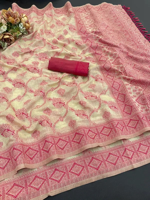 Cotton_Silk_Linen_Saree_beautifully_cotton_saree_featuring_delicate_floral_prints_and_designed_border_daily_wear,_office_Party_Wear_With_tassels_latkan_And_blouse_piece