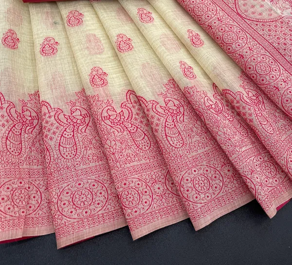 Cotton_Silk_Linen_Saree_beautifully_cotton_saree_featuring_delicate_floral_prints_and_designed_border_daily_wear,_office_Party_Wear_With_tassels_latkan_And_blouse_piece