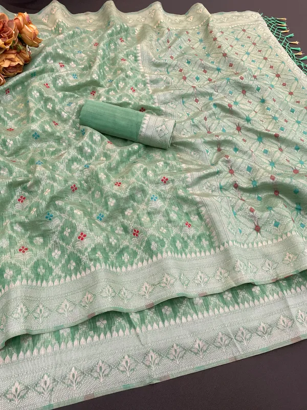 Cotton_Silk_Linen_Saree_beautifully_cotton_saree_featuring_delicate_floral_prints_and_designed_border_daily_wear,_office_Party_Wear_With_tassels_latkan_And_blouse_piece