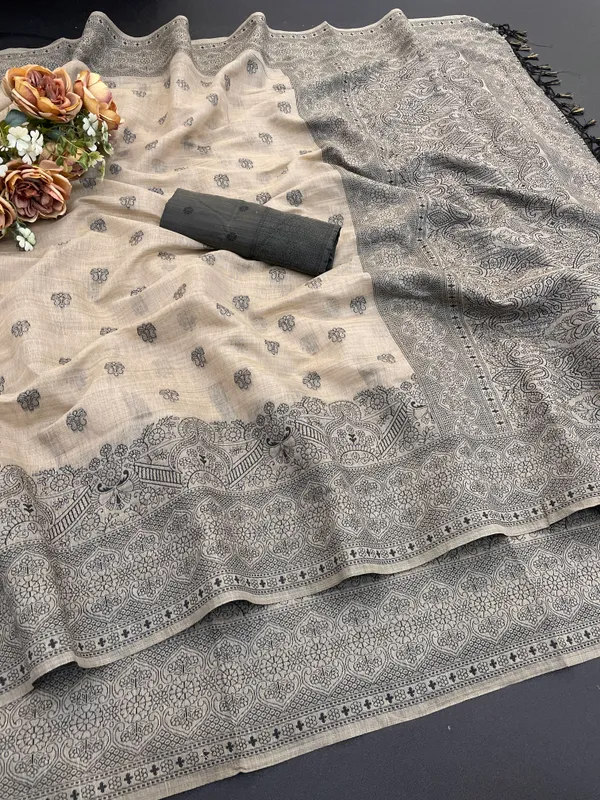 Cotton_Silk_Linen_Saree_beautifully_cotton_saree_featuring_delicate_floral_prints_and_designed_border_daily_wear,_office_Party_Wear_With_tassels_latkan_And_blouse_piece