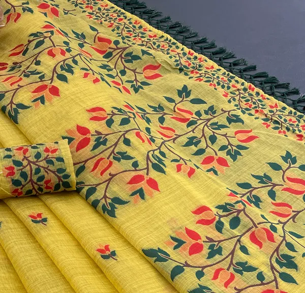 Cotton_Silk_Linen_Saree_beautifully_cotton_saree_featuring_delicate_floral_prints_and_designed_border_daily_wear,_office_Party_Wear_With_tassels_latkan_And_blouse_piece