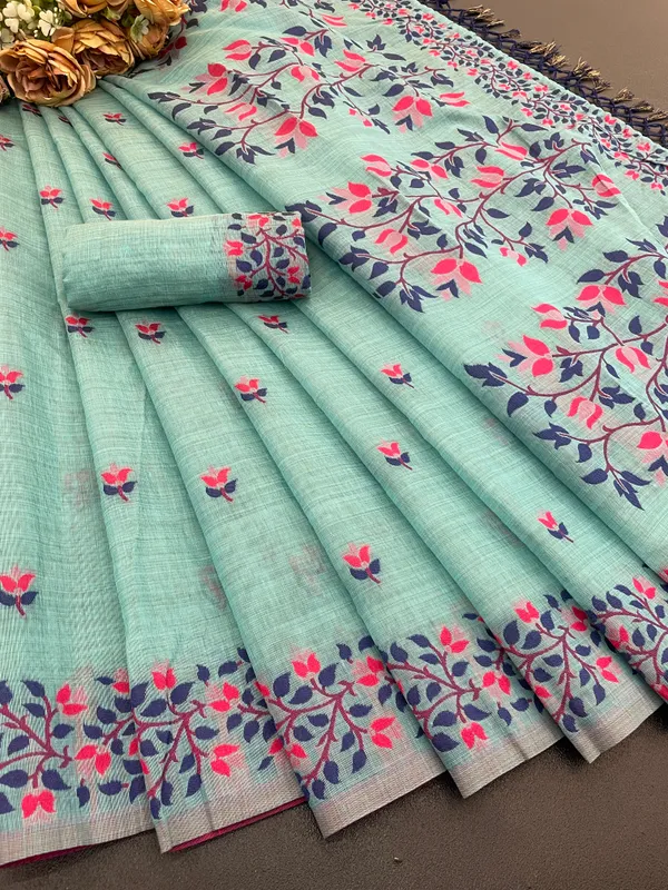 Cotton_Silk_Linen_Saree_beautifully_cotton_saree_featuring_delicate_floral_prints_and_designed_border_daily_wear,_office_Party_Wear_With_tassels_latkan_And_blouse_piece