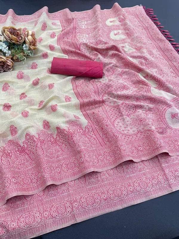 Cotton_Silk_Linen_Saree_beautifully_cotton_saree_featuring_delicate_floral_prints_and_designed_border_daily_wear,_office_Party_Wear_With_tassels_latkan_And_blouse_piece