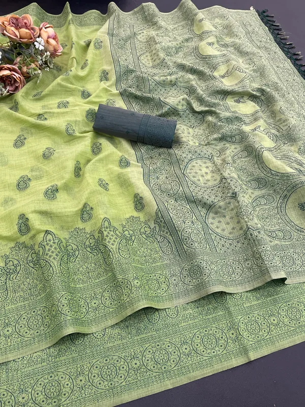Cotton_Silk_Linen_Saree_beautifully_cotton_saree_featuring_delicate_floral_prints_and_designed_border_daily_wear,_office_Party_Wear_With_tassels_latkan_And_blouse_piece