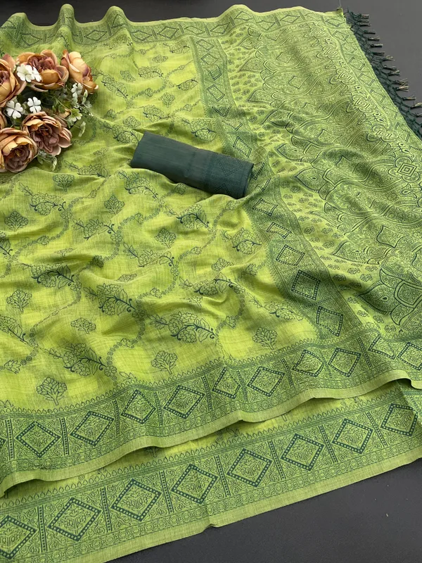 Cotton_Silk_Linen_Saree_beautifully_cotton_saree_featuring_delicate_floral_prints_and_designed_border_daily_wear,_office_Party_Wear_With_tassels_latkan_And_blouse_piece