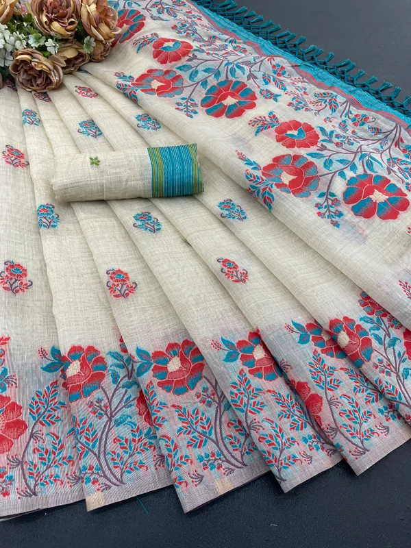 Cotton_Silk_Linen_Saree_beautifully_cotton_saree_featuring_delicate_floral_prints_and_designed_border_daily_wear,_office_Party_Wear_With_tassels_latkan_And_blouse_piece