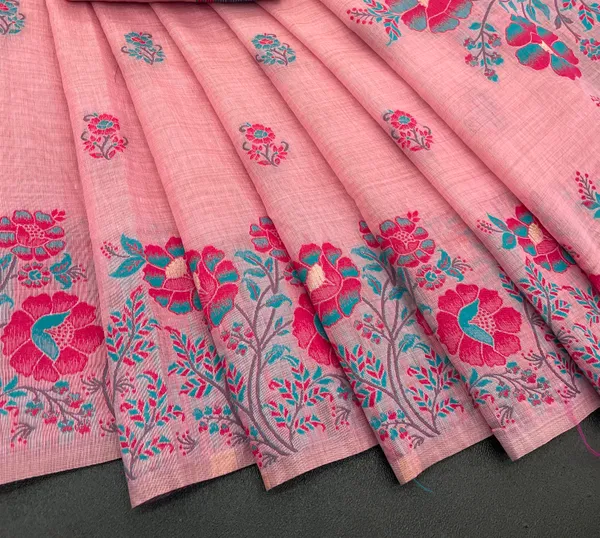 Cotton_Silk_Linen_Saree_beautifully_cotton_saree_featuring_delicate_floral_prints_and_designed_border_daily_wear,_office_Party_Wear_With_tassels_latkan_And_blouse_piece