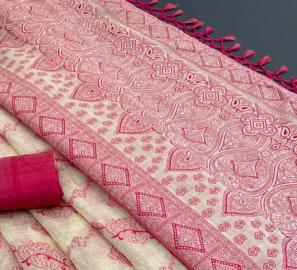 Cotton_Silk_Linen_Saree_beautifully_cotton_saree_featuring_delicate_floral_prints_and_designed_border_daily_wear,_office_Party_Wear_With_tassels_latkan_And_blouse_piece
